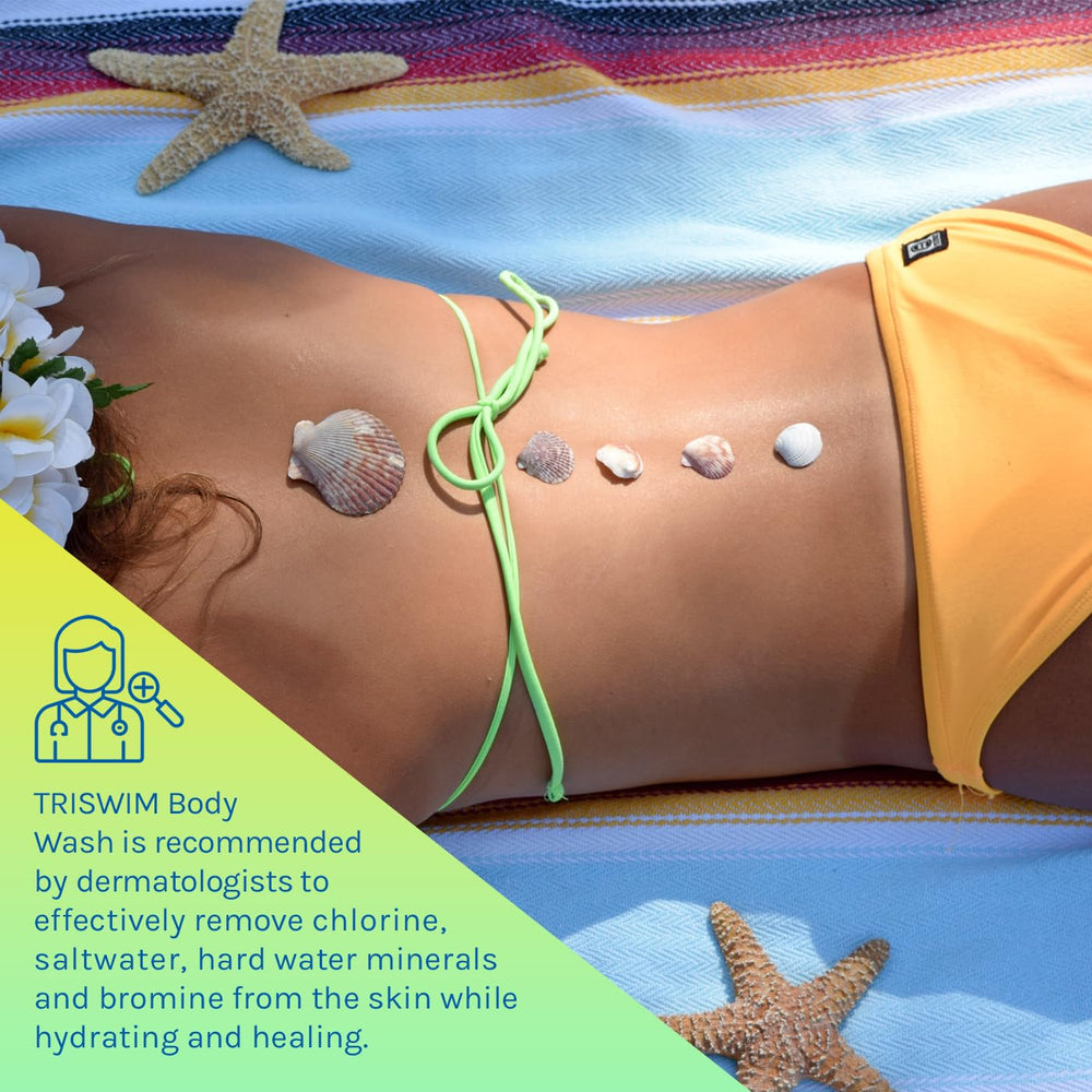 TRISWIM label close-up highlighting active botanicals and chlorine-neutralizing benefit