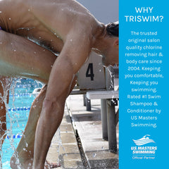 TRISWIM lifestyle poolside usage with athlete rinsing hair to remove chlorine and odors