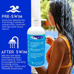 TRISWIM pump dispensing shampoo demonstrating lather and easy-use benefit