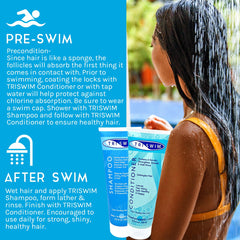 8.5 fl oz TRISWIM bottle next to hand, displays compact travel size