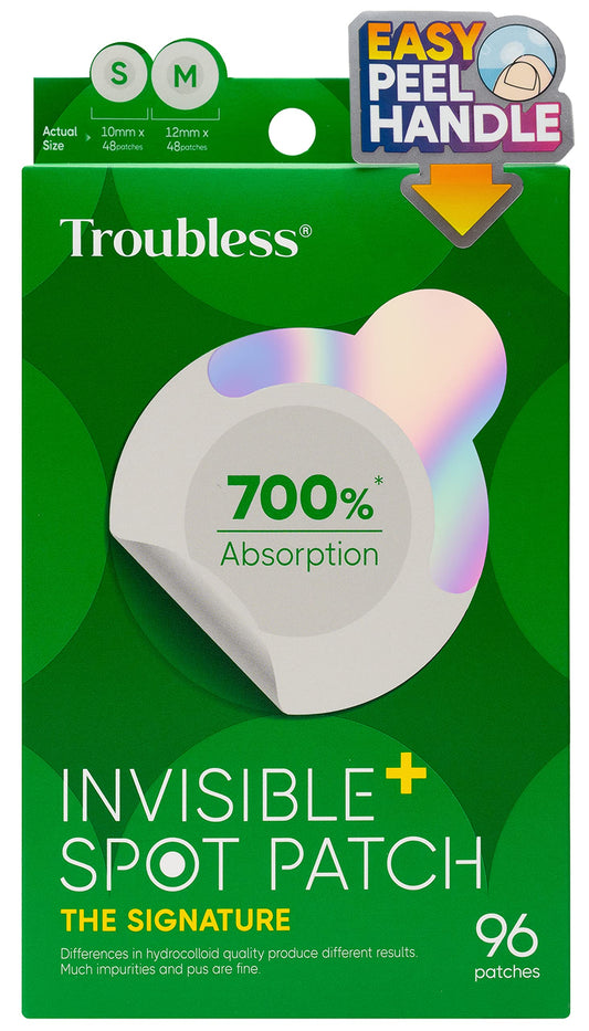 Troubless front packaging showing 96 ultra thin patches and brand