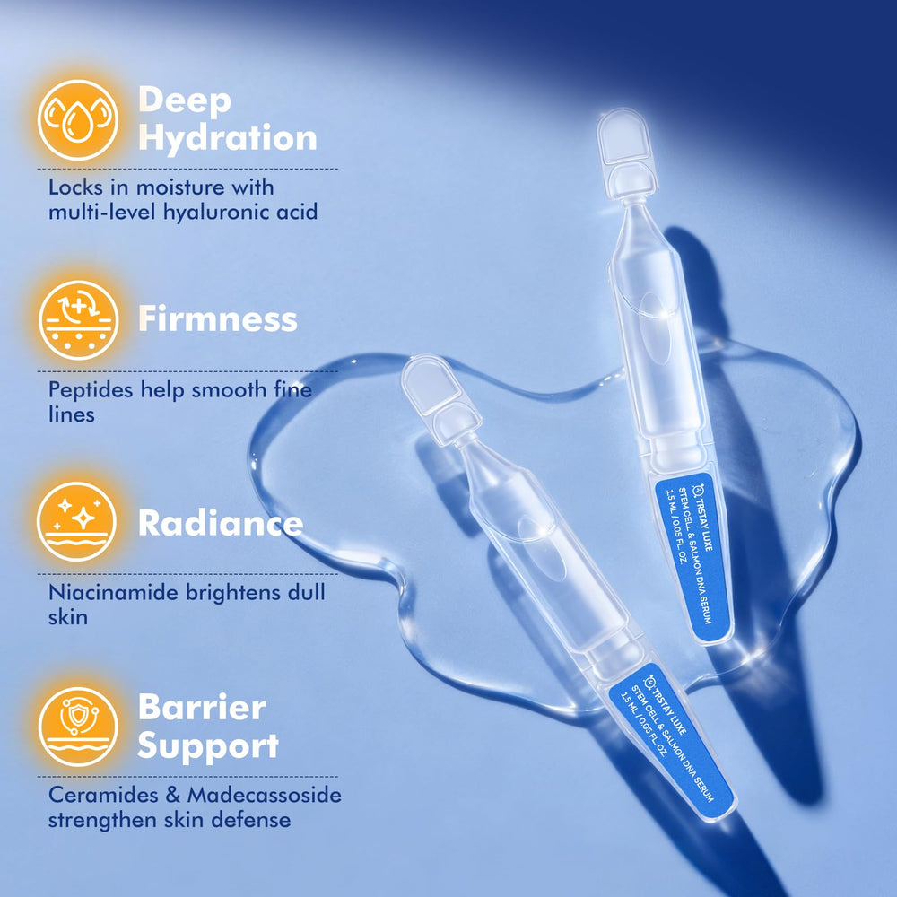 TRSTAY LUXE clear serum drop showing lightweight texture and rapid absorption