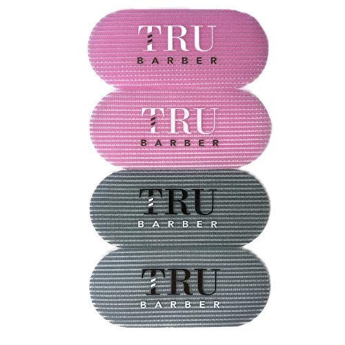 TRU BARBER front view of 4-piece gray and pink grippers showing compact pack and color contrast, ideal for organized styling