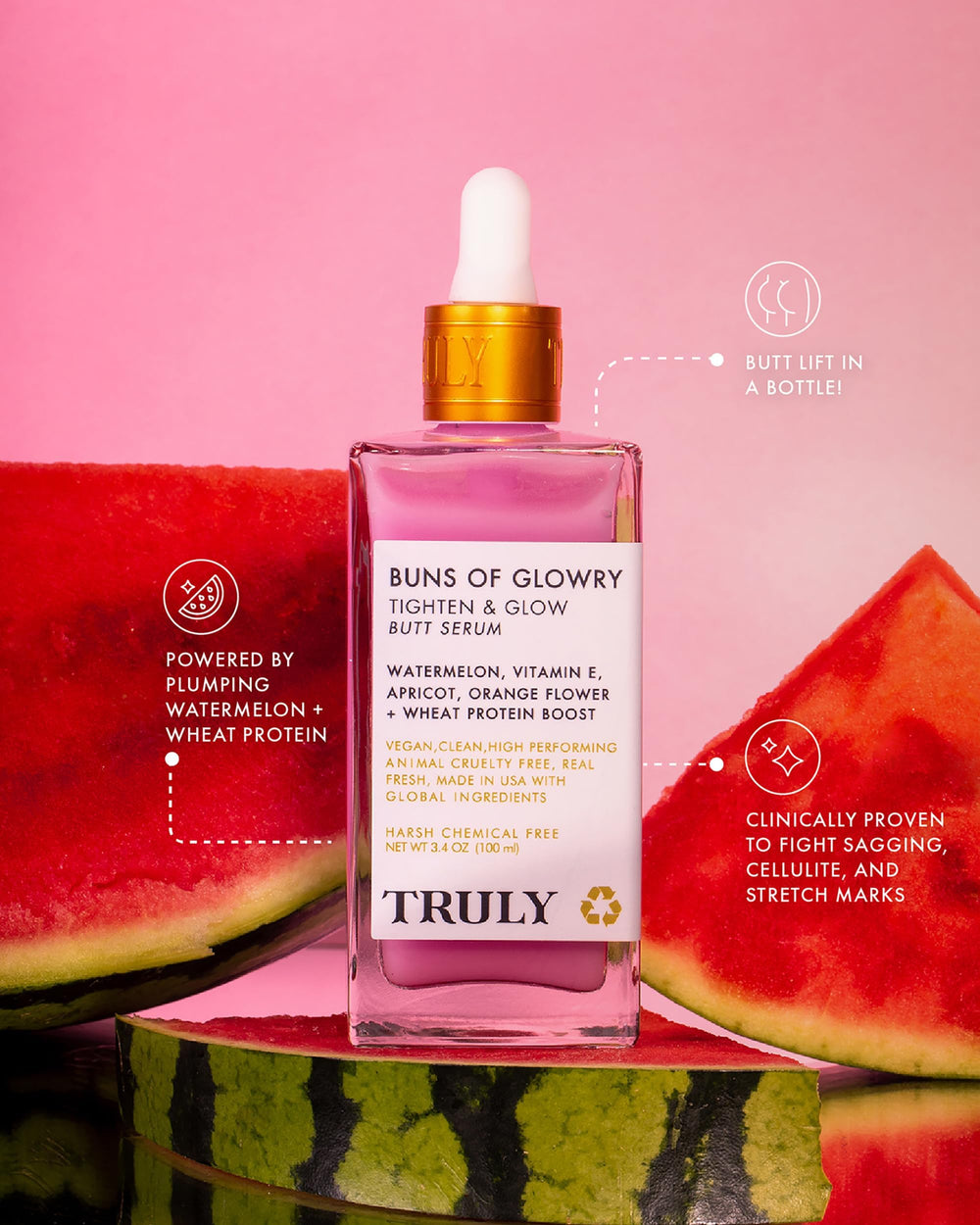 Truly ingredients display with watermelon, apricot, aloe showcasing natural extracts