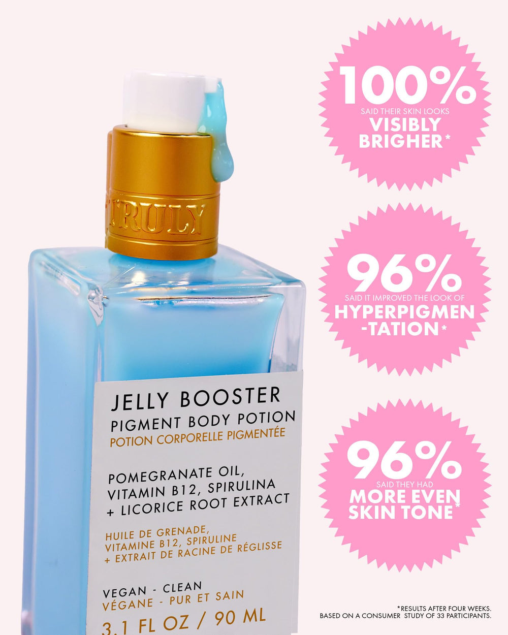 Truly bottle beside pomegranate and botanical extracts illustrating key ingredients