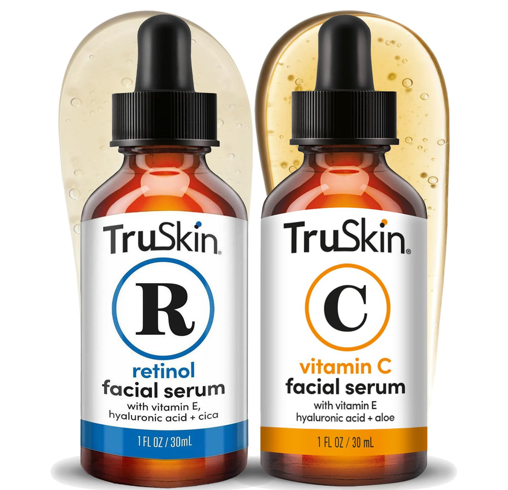 TruSkin duo front packaging showing two 1 fl oz bottles, convenient AM and PM routine