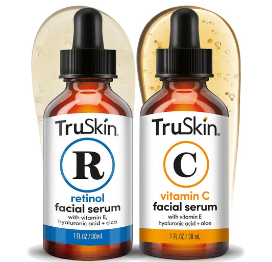 TruSkin duo front packaging showing two 1 fl oz bottles, convenient AM and PM routine