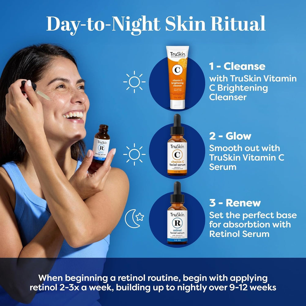 TruSkin label close-up listing retinol, hyaluronic acid, cica benefits