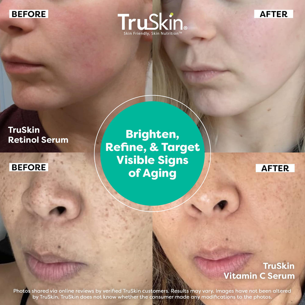 Close-up drops of serum texture showing TruSkin formula hydrating and lightweight