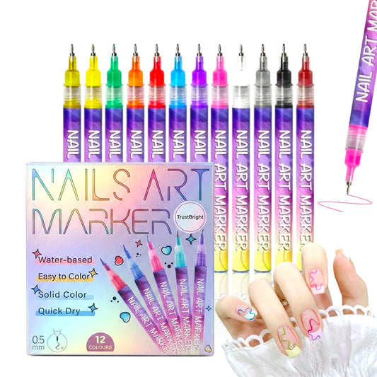 TrustBright front packaging showing 12-color nail art pens and benefits