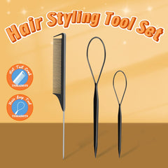 TsMADDTs rat tail comb and tools arranged to show precise parting and braid assistance