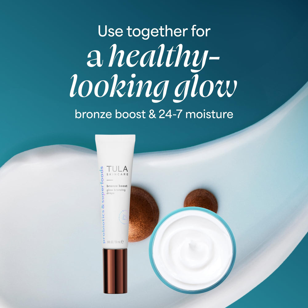 TULA ingredients flatlay with green tea and hyaluronic visuals for skin benefits
