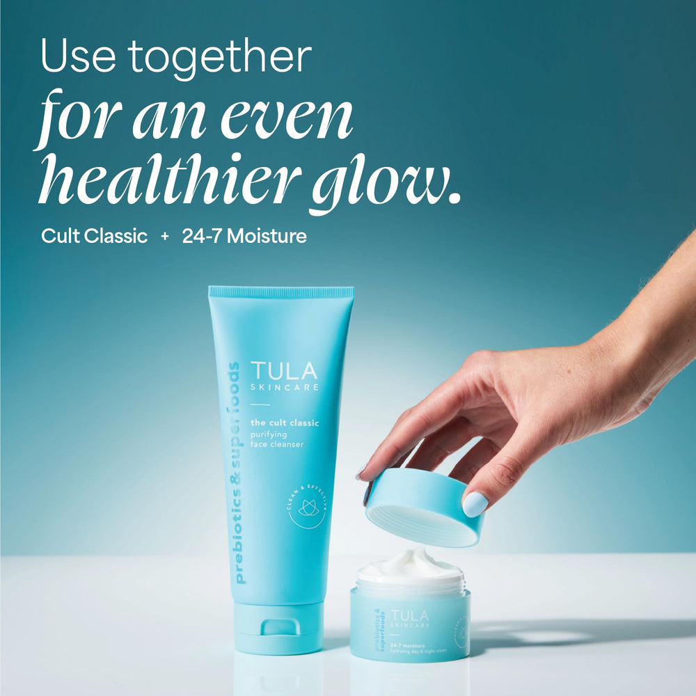 TULA travel pouch with cleanser illustrating convenience for trips and workouts