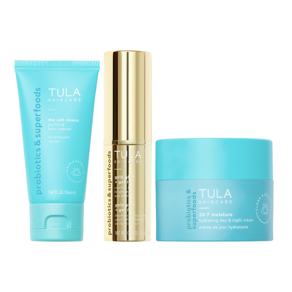 TULA front packaging of greatest hits kit showing three products for convenient glow