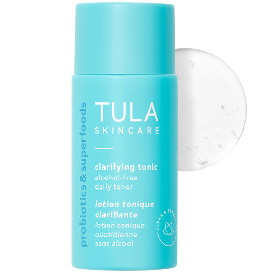 TULA mini clarifying tonic front bottle shows compact travel-friendly design and benefits