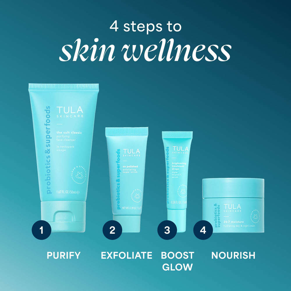 TULA vitamin C serum dropper in use applying antioxidant boost for brighter-looking skin