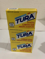 Tura front packaging showing three 65 g medicated bars and clear labeling benefits