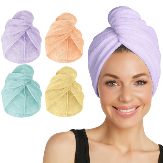 Turbie Twist front view showing four colorful towels and quick-dry benefit