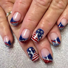 TUZANDW front packaging showing 24 patriotic press-on nails and tools for quick use
