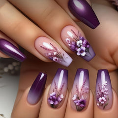 TUZANDW front packaging showing 24 purple coffin press-on nails and tools for convenience