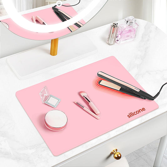 TWAKAP vanity mat front view showing full size and tidy cosmetics benefit