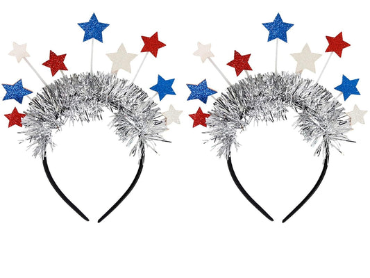 TWISBOW front view of two headbands showing patriotic stars and ribbons, great for parties