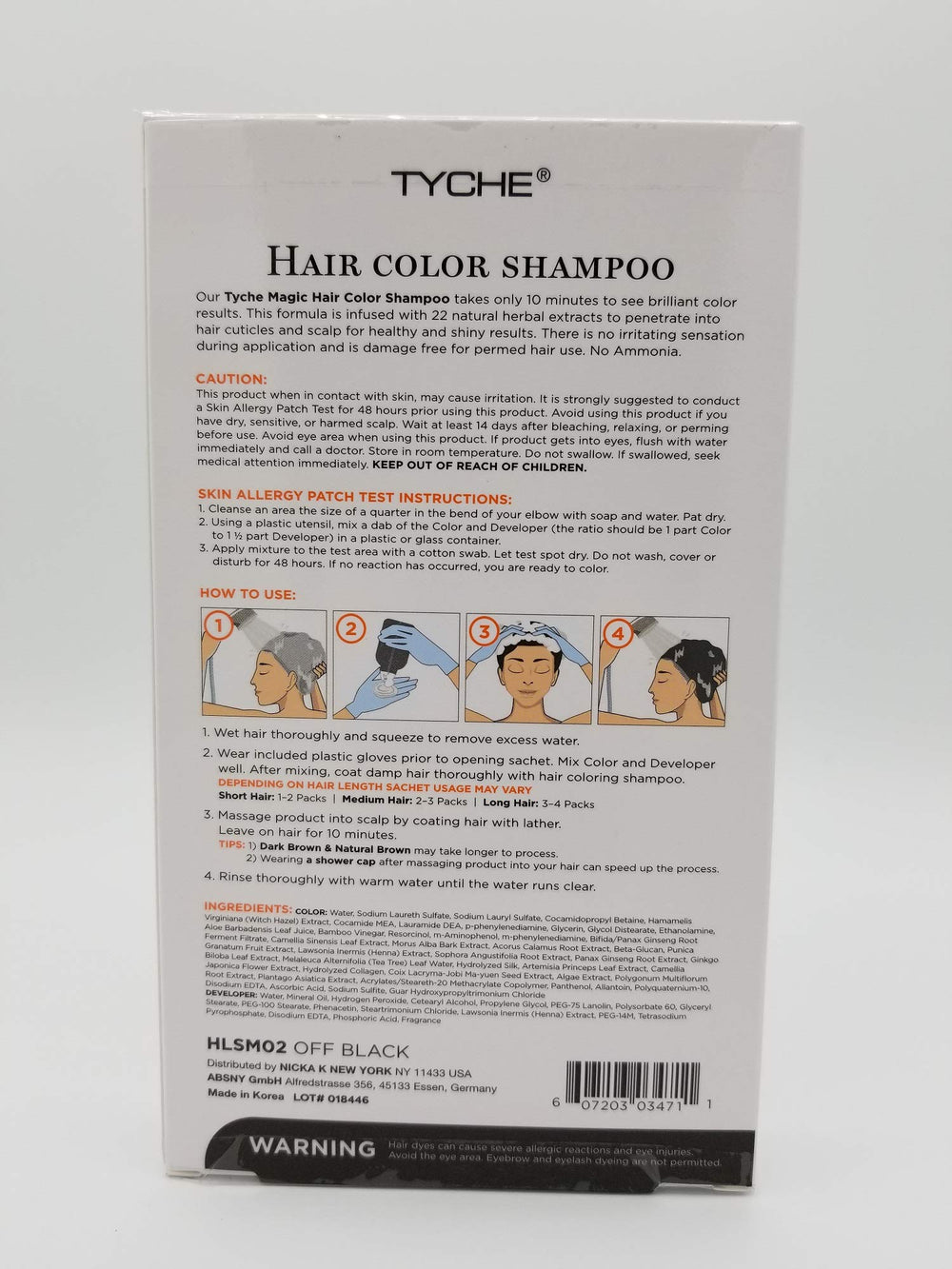 Tyche shampoo being massaged into damp hair for quick off-black coverage