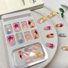 Tyuimhx hands applying a press-on nail with jelly glue, illustrating quick at-home application