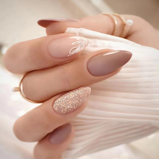 Tyuimhx front packaging showing 24-piece nude leaf press-on set and accessories for easy manicure