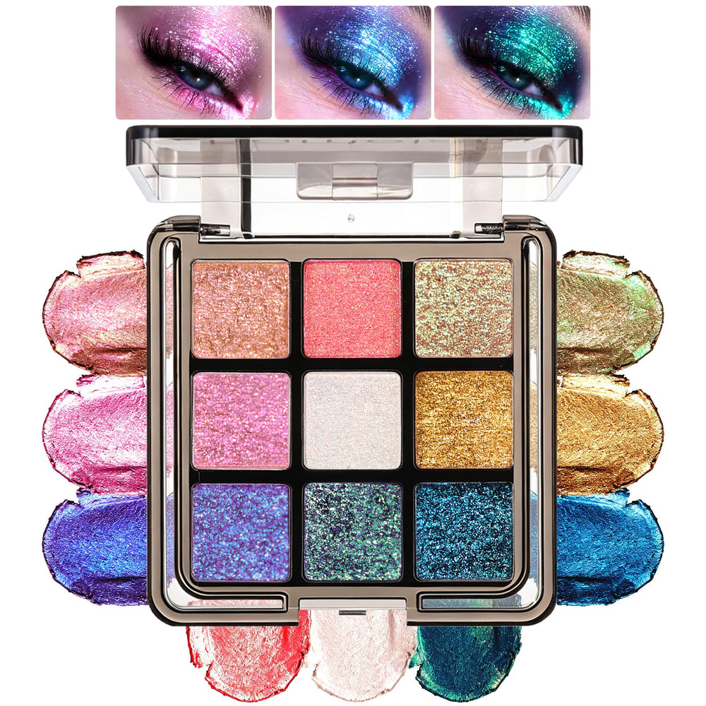 U-Shinein front palette showing nine holographic shades and portable compact design