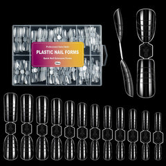 U-Shinein front packaging showing 120 reusable nail forms and case, convenient storage benefit