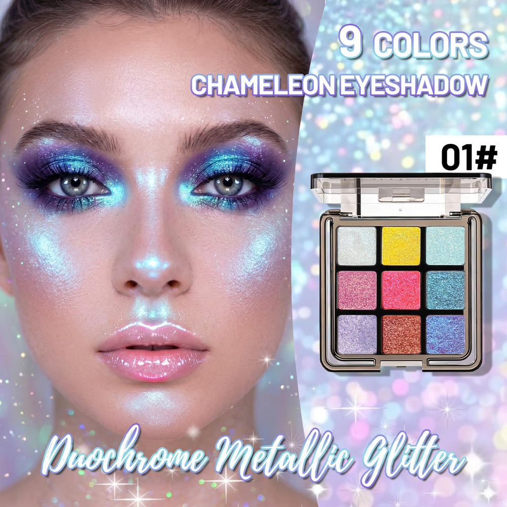 U-Shinein open palette top view displaying nine holographic chameleon shades for versatility