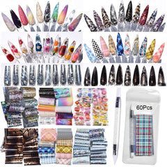 UARUOGP pack front view showing 60 mixed foil designs and tool for instant variety