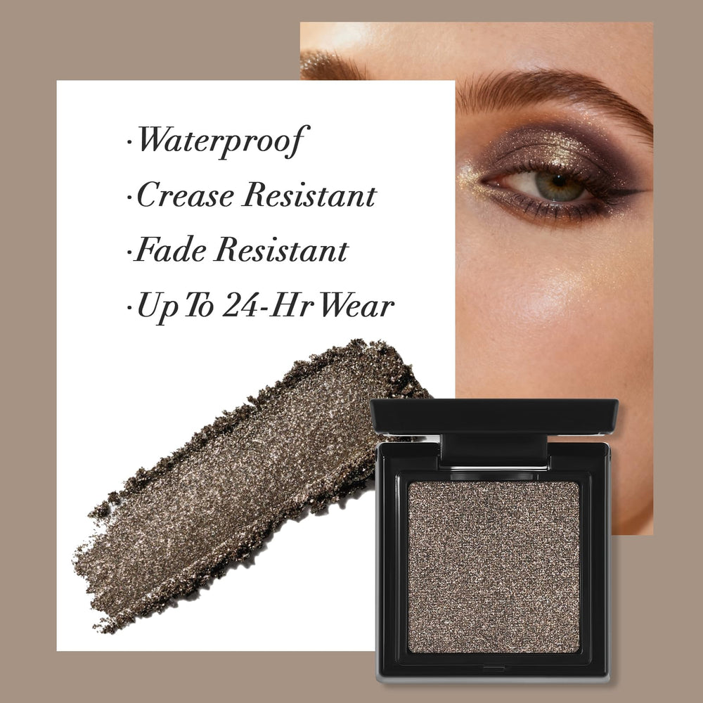 UCANBE cocoa brown shimmer placed inside a mini palette demonstrating refillable convenience for artists