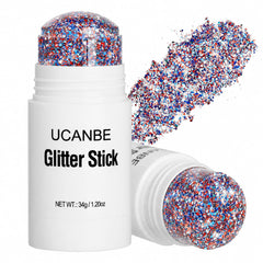 UCANBE front packaging of red white blue glitter stick showing compact applicator and colors