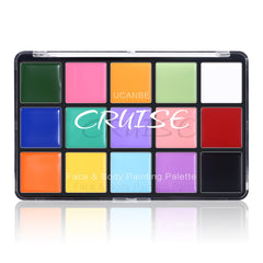 UCANBE macaron palette top view showing 15 vivid colors and portability benefit