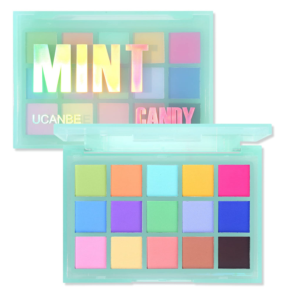 UCANBE Mint Candy front packaging showing fifteen pastel matte pans and clear compact benefit easy shade preview