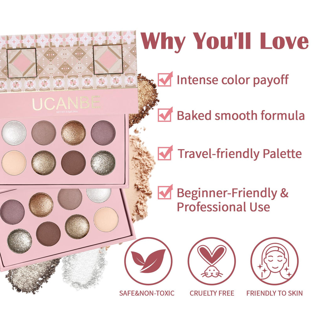 UCANBE open palette top-down view displaying eight matte and shimmer shades clearly