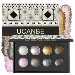 UCANBE palette front view showing eight metallic shades and compact design