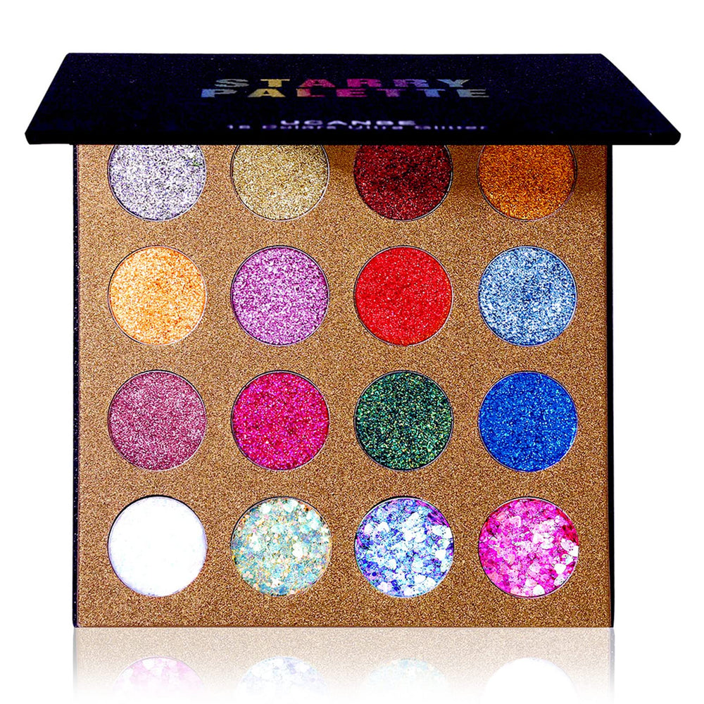 UCANBE palette front view showing 16 glitter shades for versatile looks