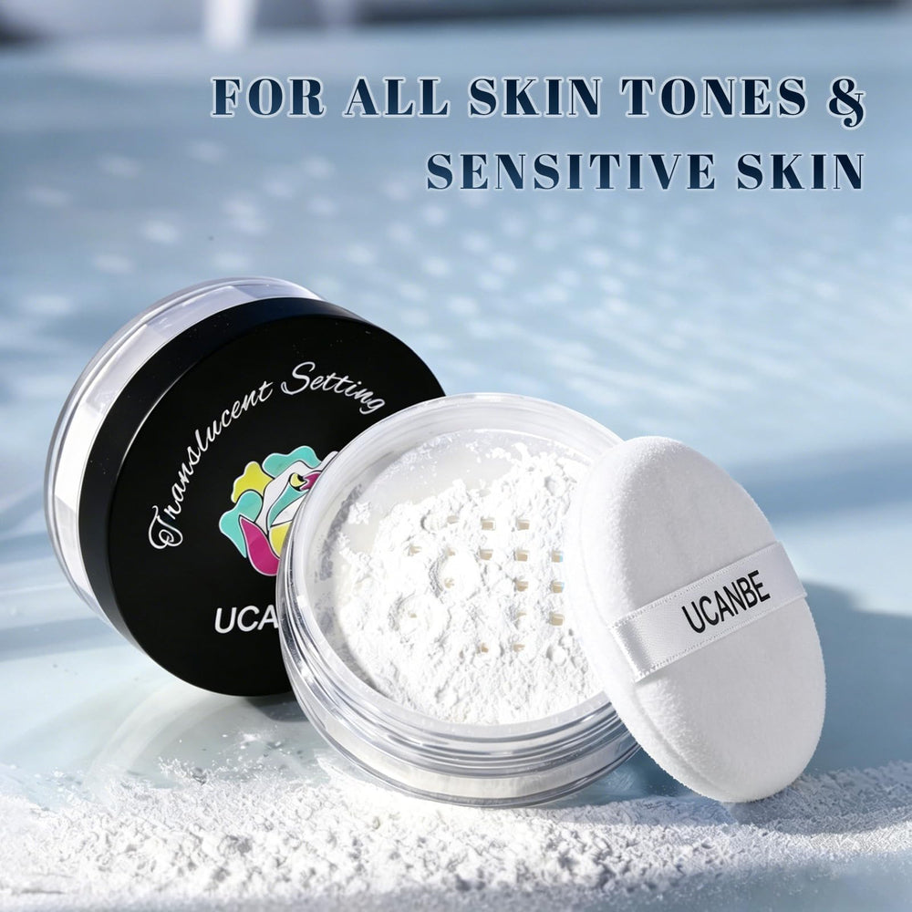 UCANBE powder inside makeup bag, showing portability for on-the-go touch-up benefit