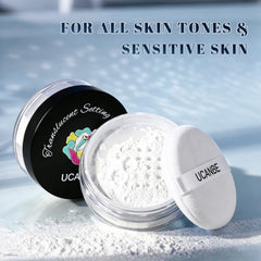 UCANBE powder inside makeup bag, showing portability for on-the-go touch-up benefit