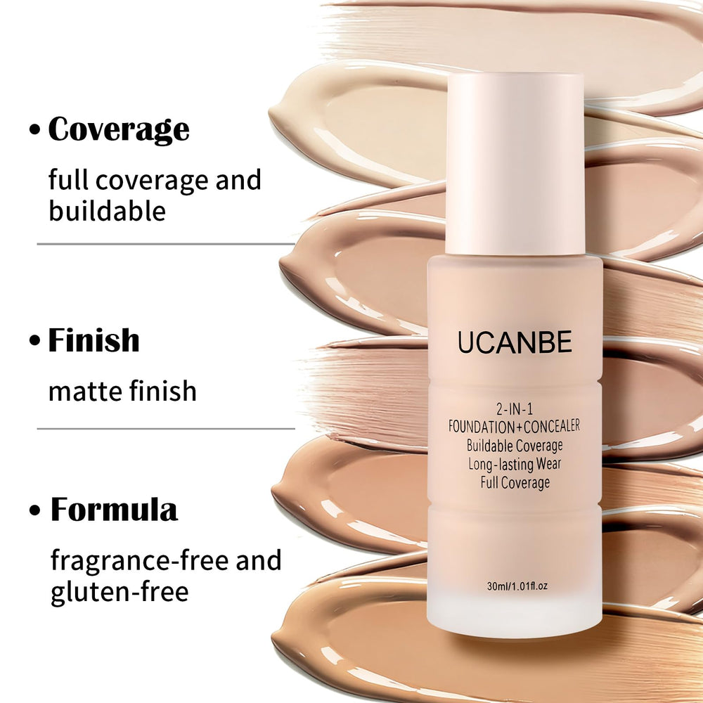 UCANBE pump dispensing a drop of 05 Nude Beige foundation illustrating controlled, mess-free application