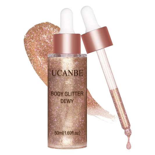 UCANBE bottle front packaging showing rose gold highlighter and branding benefits