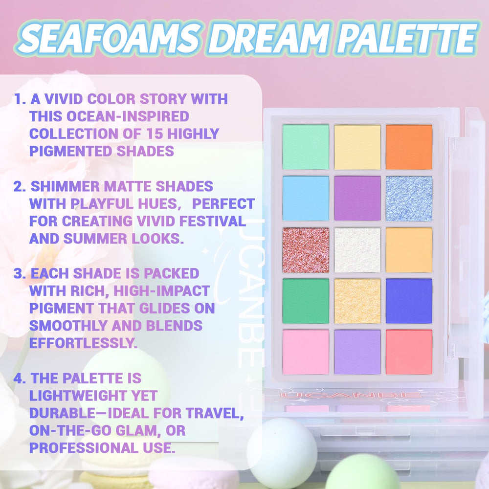 UCANBE Seaform Dreams open palette flatlay displaying 15 vibrant shades for creative looks