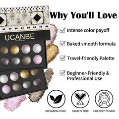UCANBE closeup of individual pans showing baked shimmer texture and rich pigment