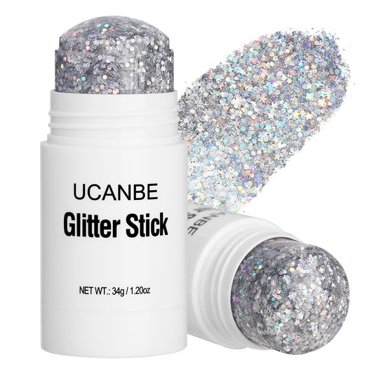 UCANBE silver glitter stick front packaging showing product benefits and color mix