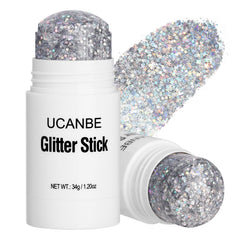 UCANBE silver glitter stick front packaging showing product benefits and color mix