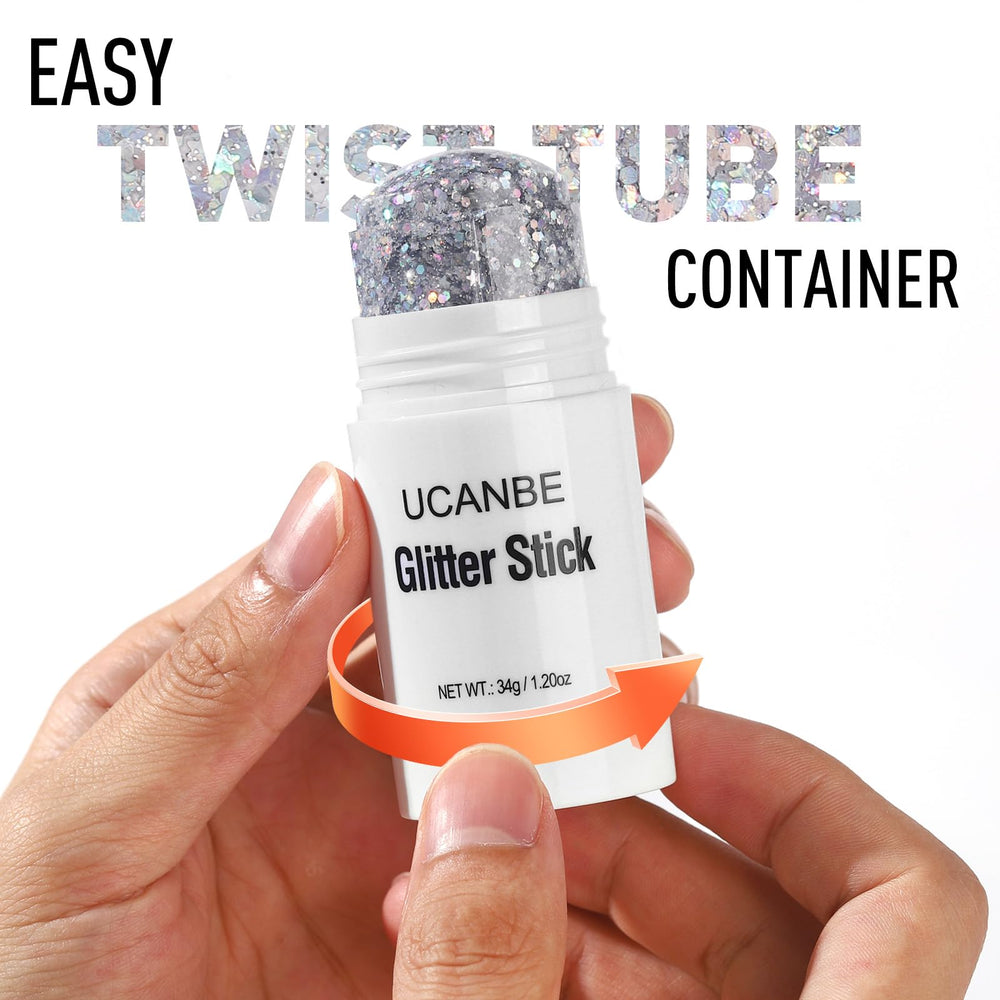 UCANBE glitter stick open tip texture revealing chunky sequins for smooth application