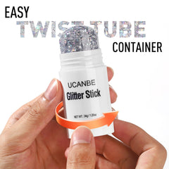 UCANBE glitter stick open tip texture revealing chunky sequins for smooth application